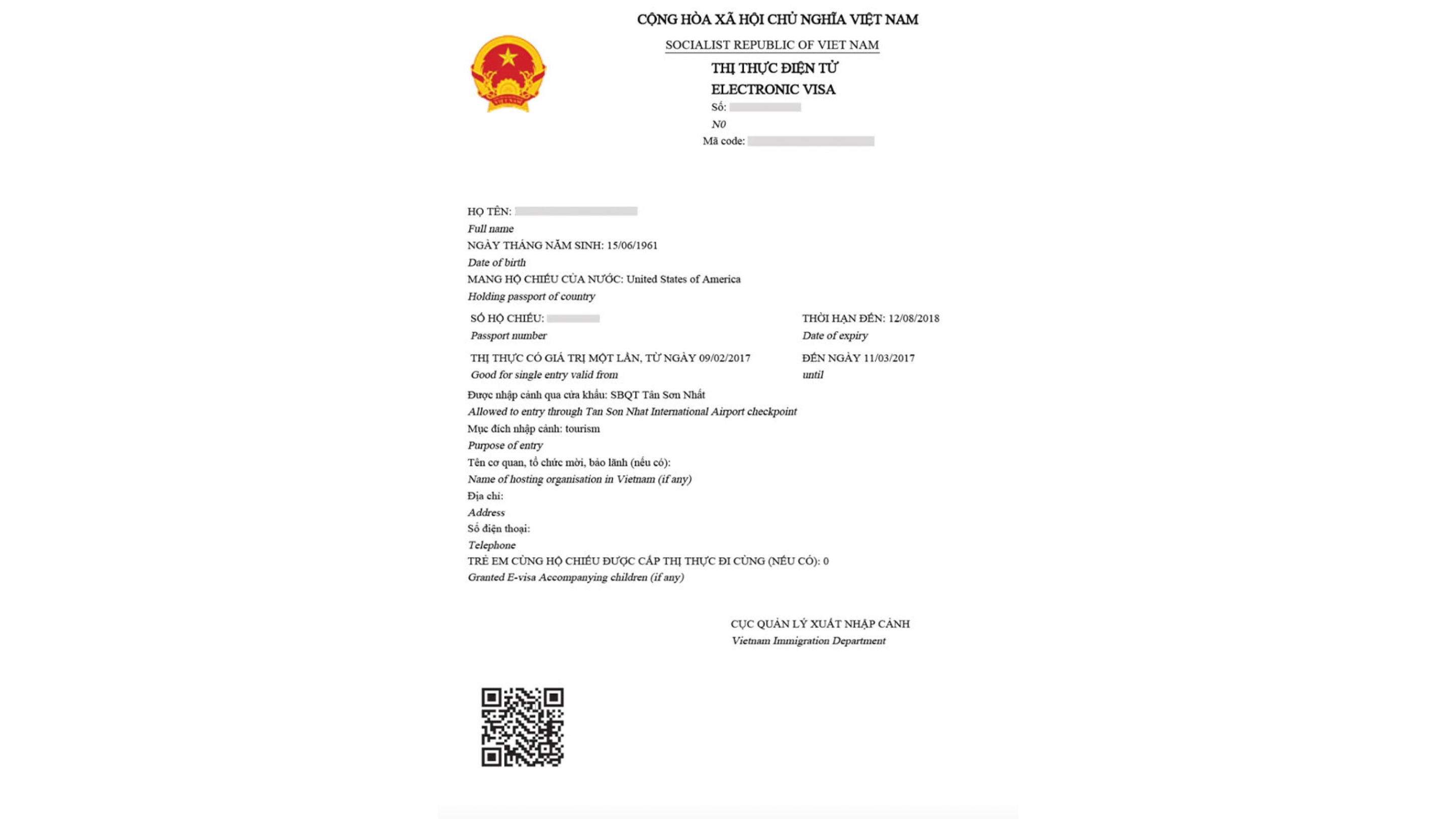 Esempio di visto elettronico per il Vietnam